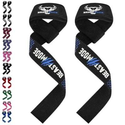 Abbildung von BEAST RAGE Zughilfen für Krafttraining (Fitness Straps) Kreuzheben Gurte Frauen Männer (Gepolstert) Gewichthebergurte Baumwolle Handgelenkstütze Griffe Hantel Bar (Lifting (Blaues Silikon)