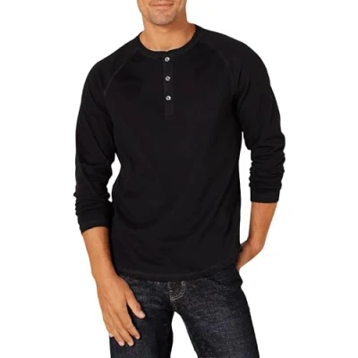 Abbildung von Amazon Essentials Herren Langärmeliges Henley Shirt, Schmale Passform, Schwarz, M