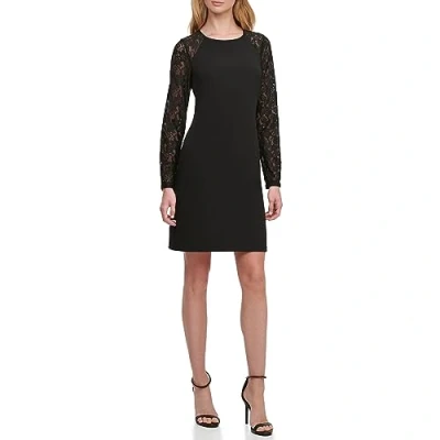 Abbildung von Tommy Hilfiger Damen Etuikleid mit Spitzenärmeln Kleid, Einfarbig, Schwarz, 42