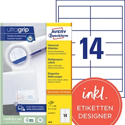 Abbildung von AVERY Zweckform 3678 Adressaufkleber (1.400 Klebeetiketten, 97x37mm auf A4, Papier matt, individuell bedruckbare Absenderetiketten, selbstklebende Adressetiketten mit ultragrip) 100 Blatt, weiß