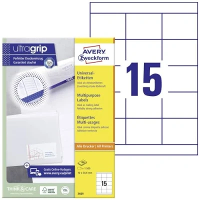 Abbildung von AVERY Zweckform 3669 Adressaufkleber (1.500 Klebeetiketten, 70x50,8mm auf A4, Papier matt, bedruckbare Absenderetiketten, selbstklebende Adressetiketten mit ultragrip) 100 Blatt, weiß