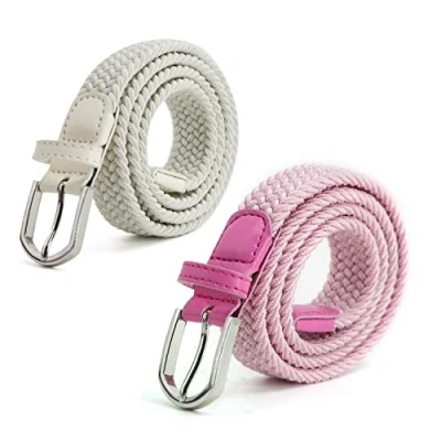 Abbildung von AnJuHoPa Kinder Gürtel Elastik stretch für Jungen Mädchen,Mehrfarbiger stoffgürtel Damen 2,5 cm breite 80 länge mit Metallschnalle (Rosa &amp; Weiß, 2PCS/Länge 80cm)