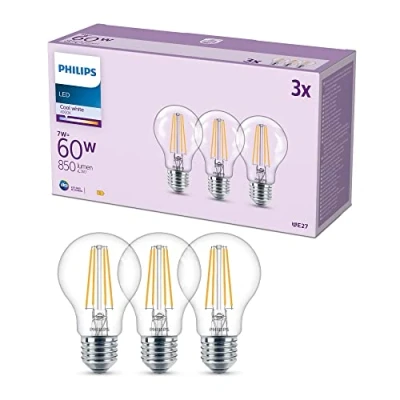Abbildung von Philips Classic LED E27 Lampe, 60W, klar, neutralweiß, nicht dimmbar, 3er Pack