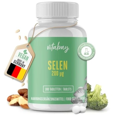 Abbildung von Vitabay Selen Hochdosiert 200mg Vegan 180 200µg Tabletten Komplex 200 mcg Kapseln Laborgeprüft