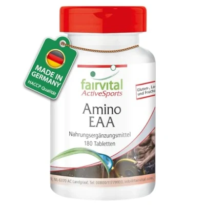 Abbildung von Fairvital Amino EAA 180 Tabletten mehr als 7500mg essenzielle Aminosäuren 100% vegan Qualitätsgeprüft Made in Germany