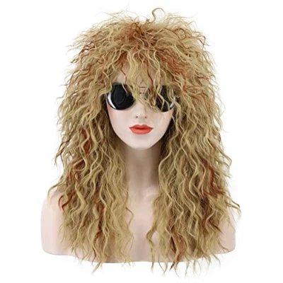 Abbildung von karlery Herren Damen Lang Lockig Orange und Blond 70er Jahre Heavy Metal Rocker Vokuhila Perücke 80er Kostüm Anime