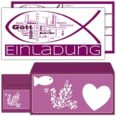 Abbildung von 15 WORTWOLKE Einladungskarten mit Umschlag zur Kommunion Konfirmation Taufe zum Ausfüllen in Violett für Mädchen Jungen Einladungen von BREITENWERK