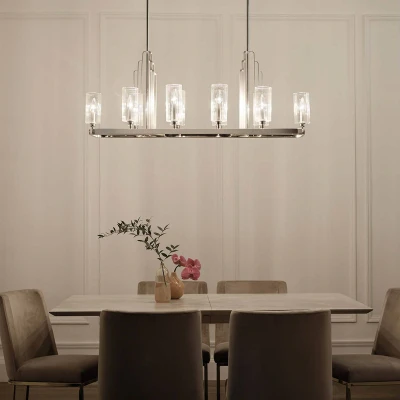Abbildung von Elstead Lighting QN KIMROSE10 PN QUINTIESSE Kronleuchter Kimrose E14 10x40W Stahl, Nickel poliert; Glas klar, geriffelt L:32.5cm H:44.9cm B:113.7cm
