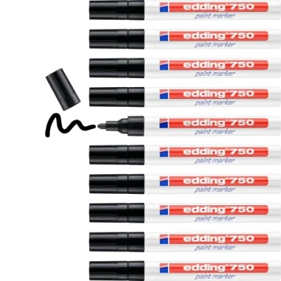 Abbildung von edding 750 Lackmarker schwarz 10 Stifte Rundspitze 2 4 mm Lackstift zur Markierung und Beschriftung von Metall, Glas, Stein oder Kunststoff hitzebeständig, permanent, wischfest