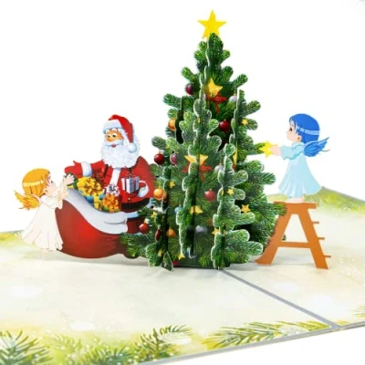 Abbildung von LIMAH® Pop Up 3D Grußkarte/Hochwertige Weihnachtskarte/X Mas Karte zu Weihnachten/in Grau/Motiv Weihnachtsmann mit Kindern am Weihnachtsbaum