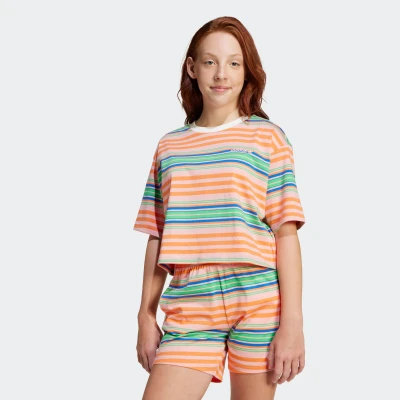 Abbildung von adidas Originals Striped CROP TEE Junior Tshirt print für Kinder, Größe: 140, Semi pink spark/cloud white