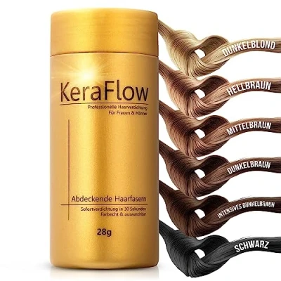 Abbildung von KeraFlow Streuhaar, DUNKELBRAUN 28g, Schütthaar zur Haarverdichtung, Kaschiert Haarausfall in 10 Sekunden, Hilft bei dünnen Haaren und lichte Stellen auf dem Kopf, Unisex Haarpulver, Haarpuder