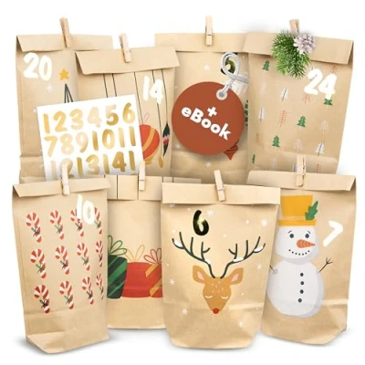 Abbildung von Amari ® Adventskalender zum Befüllen Snowman 24 Papier Adventstüten (mit Holzklammern) Basteln für Weihnachten Weihnachtstüten