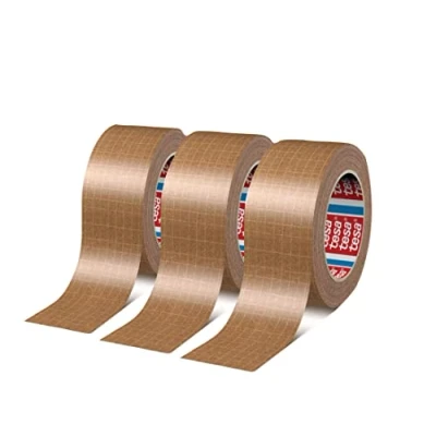 Abbildung von tesapack 60013 Klebeband aus verstärktem Papier, alterungs und reißfest, leise stark klebend, Packung mit 3 Rollen (&gt; 25 kg)