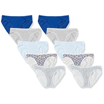 Abbildung von Amazon Essentials Damen Bikinihose aus Baumwolle (in Übergröße erhältlich), 10er Pack, Blassblau/Blau/Grau Meliert/Floral/Streublumen, 42