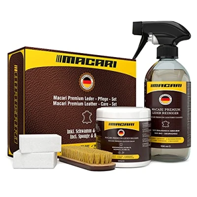 Abbildung von Macari Lederpflege 500ml Balsam + Reiniger 2 Schwamm Lederbürste Premium Leder Lederreiniger Set Bienenwachs für Ledercouch Auto Möbel Jacke Kleidung Sofa Handtasche Schuhe Sattel Lederfett