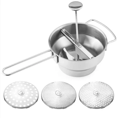 Abbildung von Navaris Passiergerät aus Edelstahl mit 3x Siebeinsatz Passiermühle für Suppe Marmelade Baby Brei Saucen 3 Stück Sieb Einsätze Mühle Presse