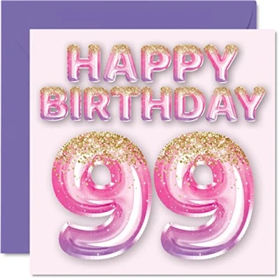 Abbildung von Geburtstagskarte zum 99. Geburtstag für Frauen rosa und lila Glitzerballons Happy Karten 99 Jahre alte Frau Mama Great Nanny Grandma Gran, 145 mm x Ninety Ninth Bday Grußkarten Geschenk
