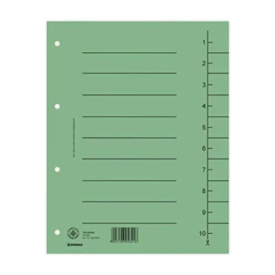Abbildung von DONAU 8610001 06 100er Pack Trennblätter, Farbe: Grün/ Karton Register überbreit Aus Recycling 250 g/qm mit Linienaufdruck für DIN A4 4 Fach Lochung Trennlaschen Trennblätter Ordner