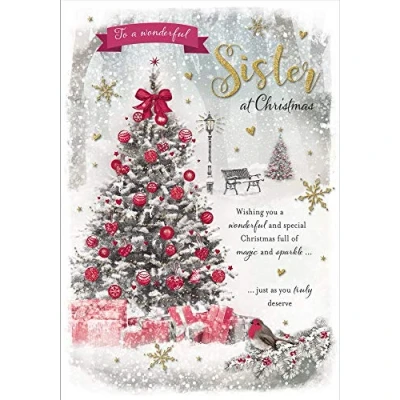 Abbildung von Piccadilly Greetings Foto Weihnachtskarte für Schwester, Rot/Beige/Braun/Grau, 22,9 x 15,2 cm