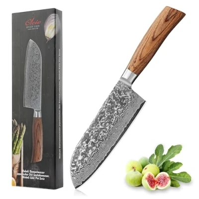 Abbildung von Wakoli EDIB Pro Premium Santoku Messer mit extra hoher 17 cm Klinge gefertigt aus 67 Lagen echtem Damaststahl Pakkaholzgriff I Damastmesser Küchenmesser und Profi Kochmesser