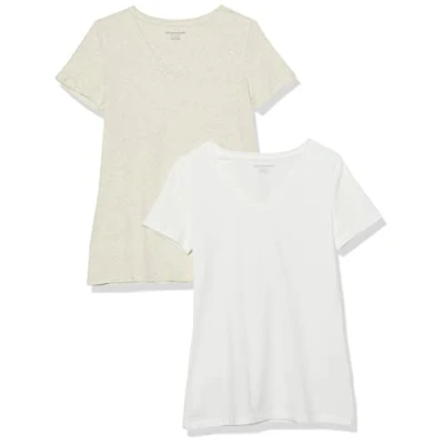 Abbildung von Amazon Essentials Damen Kurzärmeliges T Shirt mit V Ausschnitt, Klassischer Schnitt, 2er Pack, Haferbeige Meliert/Weiß, XS