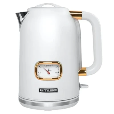Abbildung von MUSE Edelstahl Retro Wasserkocher mit analoger Temperaturanzeige, Filter, transparenter Skala, 1,7L Fassungsvermögen, Automatische Abschaltung, matt weiß gold (MS 030 W)