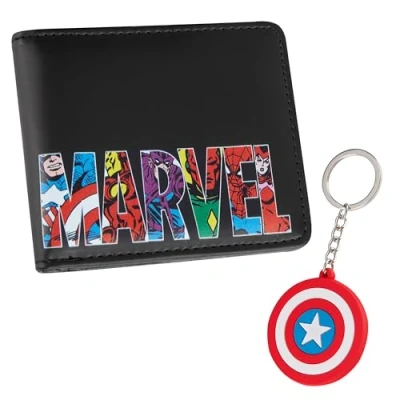 Abbildung von Marvel Geldbeutel mit Schlüsselanhänger Portmonee Herren Kartenfächern und klarem ID Fach (Schwarz Captain America)