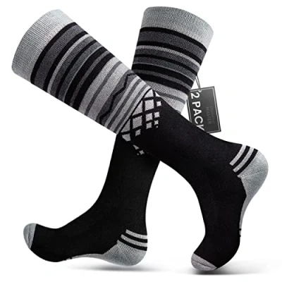 Abbildung von OutdoorMaster 2 Paar Unisex Merinowolle Skisocken für Damen &amp; Herren, Winter Snowboarding Atmungsaktive thermische Socken Outdoor Sportarten mit Über die Wade Design/Anti Rutsch Bündchen