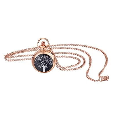 Abbildung von JewelryWe Taschenuhr Damen Elegant Baum des Lebens Analog Quarz Uhr mit Halskette Kette Pocket Watch Geschenk Rosegold