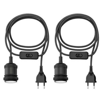 Abbildung von ledscom.de 2 Stück Textilkabel RETRA, Stecker, Schalter, schwarz, 3 m, Lampen Fassung, 1x E27 max. 60W