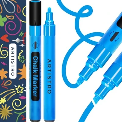Abbildung von Artistro 2 Blau Neon Kreidemarker radierbare Kreidestifte mit 3 mm wendbarer Spitze für Tafel, Kreidetafel, Autofenster, Glas Flüssigkreide Marker, ideal Kinder und Erwachsene, Restaurants