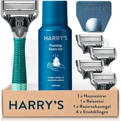 Abbildung von Harry’s Nassrasierer für Männer Rasier Set mit Grün Griff, 4 Ersatz Rasierklingen, Reise Klingen Cover, 60ml Rasiergel, Rasierer, Rasierklingen Herren,