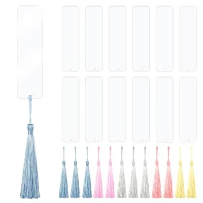 Abbildung von qingmeng Acryl Lesezeichen Rohlinge, 12 Set Blanko Bookmark, Personalisiert, Transparent Rechteckig Bunten Quaste (Zufällige Farbe) für DIY Geschenkanhänger