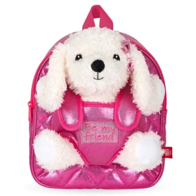 Abbildung von PERLETTI Kuscheltier Rucksack Mädchen mit Pudel Plüschtier Pink Schultasche Kindergarten Plüsch Hündchen Rosa Kindertasche für Kinder 3 4 5 6 Jahre (Rucksack)