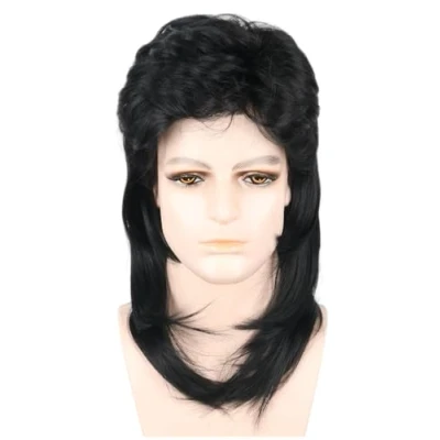 Abbildung von LeMarnia Herren 80er Jahre Vokuhila Perücke Rocker Punk Popstar Lange Lockig Mullet Halloween Party Kostüm Perücken