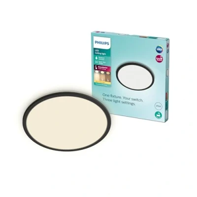 Abbildung von PHILIPS LED Badezimmer Deckenleuchte Superslim, schwarz, 18W, warmweißes Licht 2.700K, 3 Lichteinstellungen dimmen ohne Dimmer, IP44 Schutz, Einzelpack