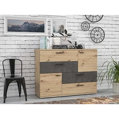 Abbildung von Forte Skive Raffinierte Kommode mit 2 Farbiger Front, Türen und 4 Schubladen, Holzwerkstoff, Artisan Eiche Dekor Betonoptik Dunkelgrau, 124.9 x 41.3 95.9 cm