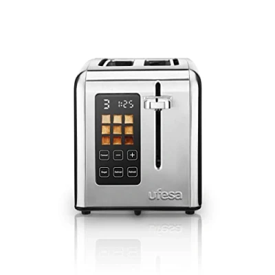 Abbildung von Ufesa Digital Future Toaster Edelstahl mit 2 Scheiben, 950W Leistung, 9 Bräunungsgrad für Brot und Bagel, Touchscreen, Auftaufunktion