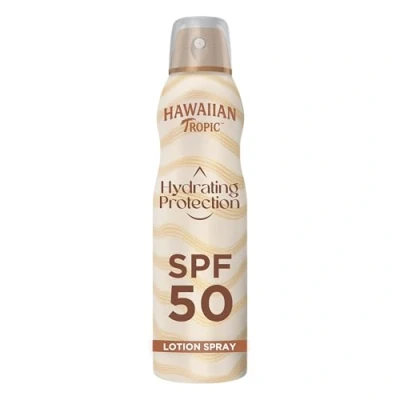Abbildung von Hawaiian Tropic Hydrating Protection Sunscreen Lotion Spray LSF 50 UVA + UVB Schutz, 220 ml, tropischer Duft, wasserfest, vegan