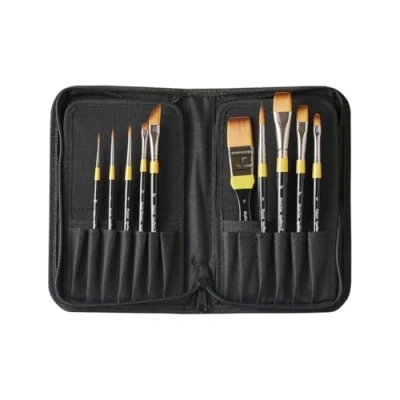 Abbildung von Daler Rowney System3 Kunsthaar Pinsel mit kurzem Griff, klassisches Acryl Set in Reißverschlussetui, 10 Verschiedene Pinsel, ideal für professionelle Künstler und Studenten