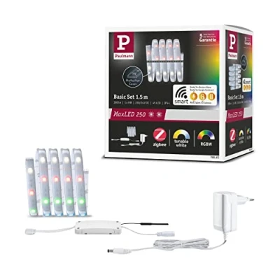 Abbildung von Paulmann 78865 LED Stripe MaxLED 250 Basisset Smart Home Zigbee 1,5m IP44 9W 300lm 30LEDs/m RGBW+ 24VA dimmbar Silber Kunststoff