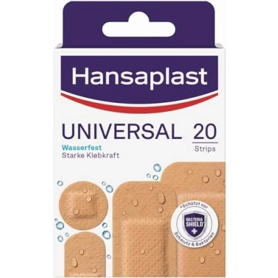 Abbildung von Hansaplast Universal Pflaster (20 Strips), schmutz und wasserabweisende Wundpflaster, Set mit starker Klebkraft &amp; Bacteria Shield