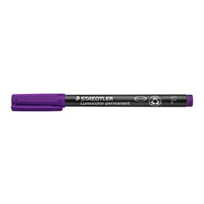 Abbildung von STAEDTLER permanent Marker Lumocolor, violett, F Spitze Linienbreite ca. 0,6 mm, wisch und wasserfest, Made in Germany, lange Lebensdauer, 10 violette Universalstifte im Kartonetui, 318 6