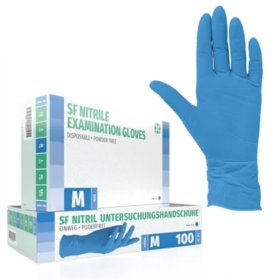 Abbildung von SF Nitrilhandschuhe 100 Stück Box (M, Blau) Einweghandschuhe, Einmalhandschuhe, Untersuchungshandschuhe, Nitril Handschuhe, puderfrei, ohne Latex, unsteril, latexfrei, disposible gloves, blue, Medium