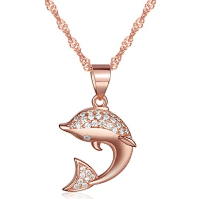 Abbildung von Yumilok Roségold 925 Sterling Silber Zirkonia Zierlicher Delfin Delphin Anhänger Halskette Kette mit für Damen Kinder Delfine Liebhaber
