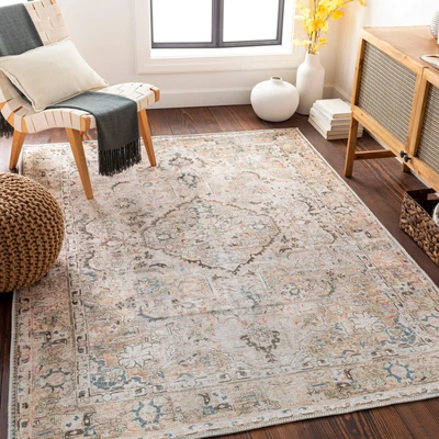 Abbildung von Surya Riverside Teppich waschbar in Waschmaschine Vintage für Wohnzimmer, Esszimmer, Küche Traditionelle Teppiche, Orientalischer Boho Teppich, Groß 160x220cm Weizen