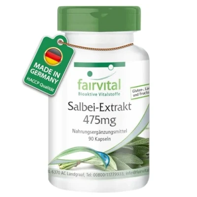 Abbildung von Fairvital Salbei Extrakt 475mg Kapseln 90 HOCHDOSIERT 1425mg pro Tagesdosis 2% essentielle Öle Salvia officinalis VEGAN