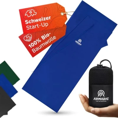 Abbildung von Armadic Hüttenschlafsack aus 100% Bio Baumwolle mit Reißverschluss (nur 380g) Ultra leicht, klein und dünn. Reiseschlafsack, Schlafsack Inlett I Ideal für Backpacking, Hostels Berghütten (Blau)