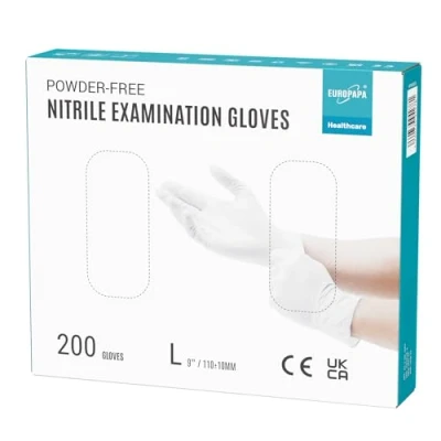 Abbildung von EUROPAPA® 200x Einweghandschuhe Nitrilhandschuhe puderfrei Untersuchungshandschuhe EN455 EN374 latexfrei Einmalhandschuhe Handschuhe in Gr. S, M, L &amp; XL verfügbar (L, Weiß)